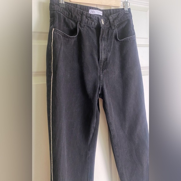 ZARA Side Rhinestone Embellished Black Jeans Frayed Hem Size 8 US - Picture 3 of 16